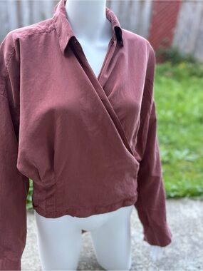 Sara Sturgeon VINTAGE 100% Silk Earthy Brown Button-Up Wrap Shirt